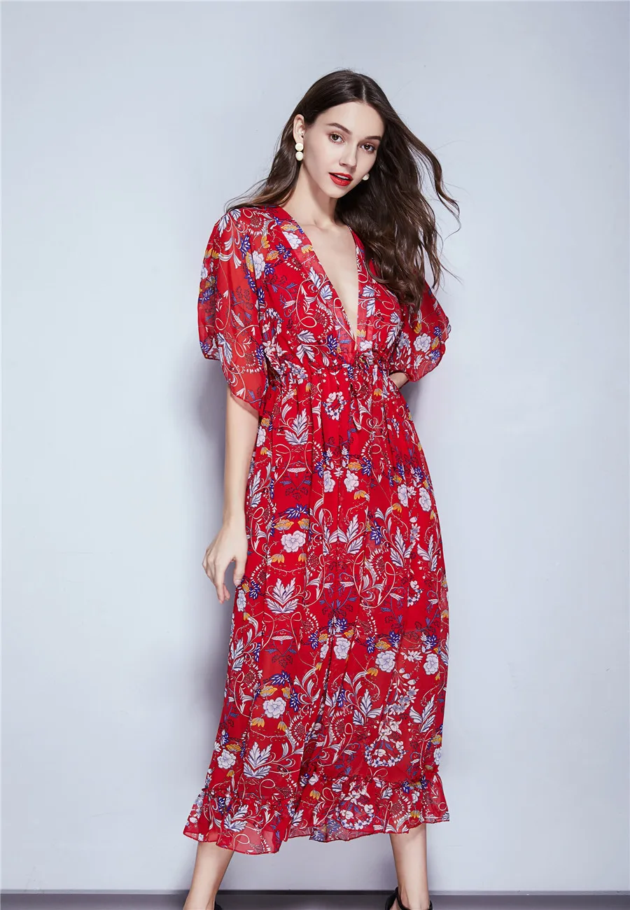 

8256 # According Nalini Europe And America High-waisted V-neck Bell Sleeve Bohemian Chiffon Printed One-piece Dress Beach Long S