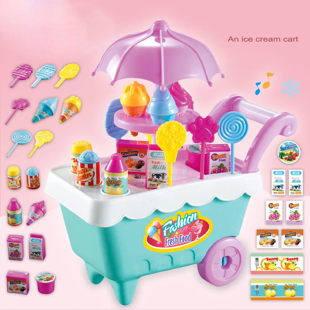 

High 19pcs Set Ice Cream Trolley Cart Plastic Pretend Play Food Dessert Toy For Children Kids KTC 66