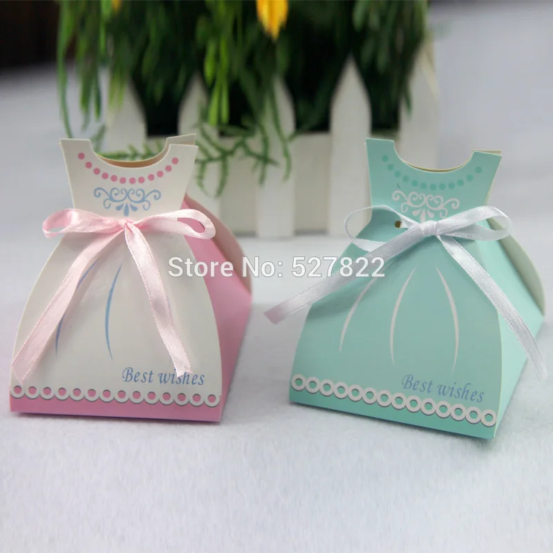 

100PCS Pink/ Bule Dress Wedding Favor Party Supplies Gift Box Party Sweet Box Girl Baby Shower Favors With Ribbon Free Shipping