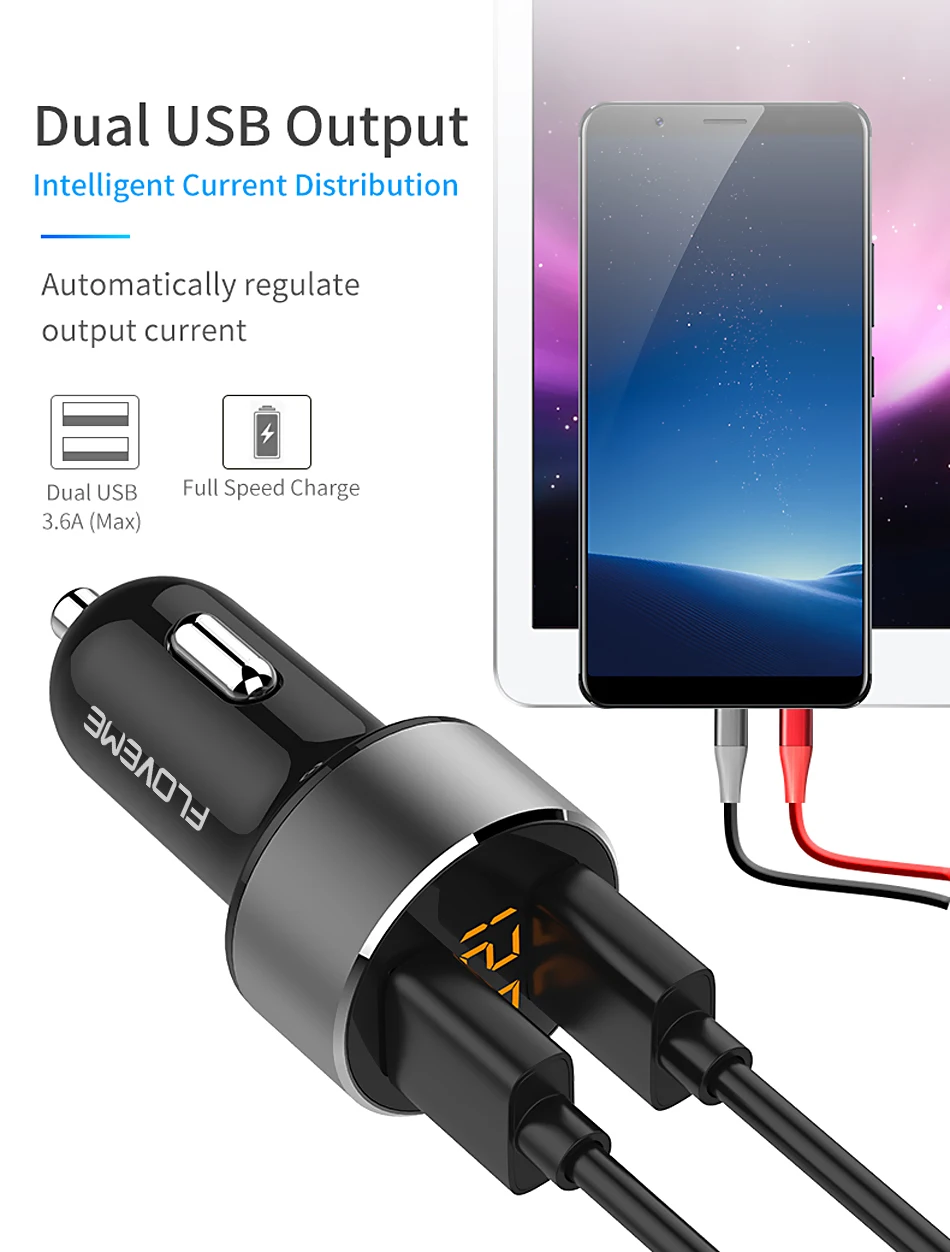 FLOVEME 18 Вт USB Автомобильное зарядное устройство для iPhone Xiaomi двойной порт автомобильное зарядное устройство USB 3.6A быстрая зарядка, автомобильное зарядное устройство для мобильного телефона