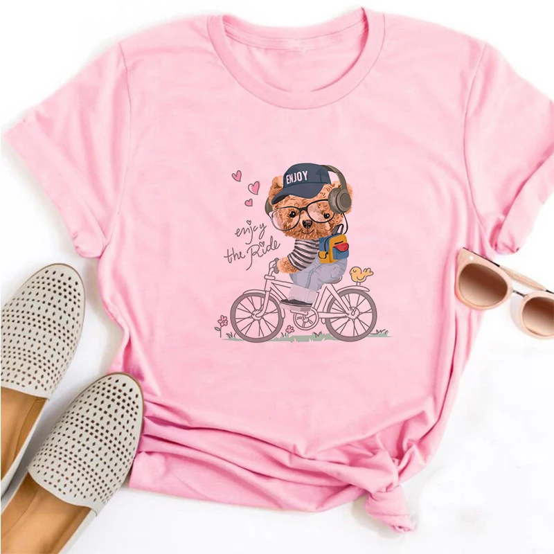 Harajuku Cute Bear Print Womans T-shirt Fashion Gothic Women O-neck Tshirt Pink Tops Casual Female Clothing Short Sleeve T Shirt summer crop top