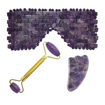 

Amethyst Jade Eye Mask Jade Roller Massager Guasha Board Set Natural Crystal Stone Cold Therapy Eye Mask Face Massage Roller