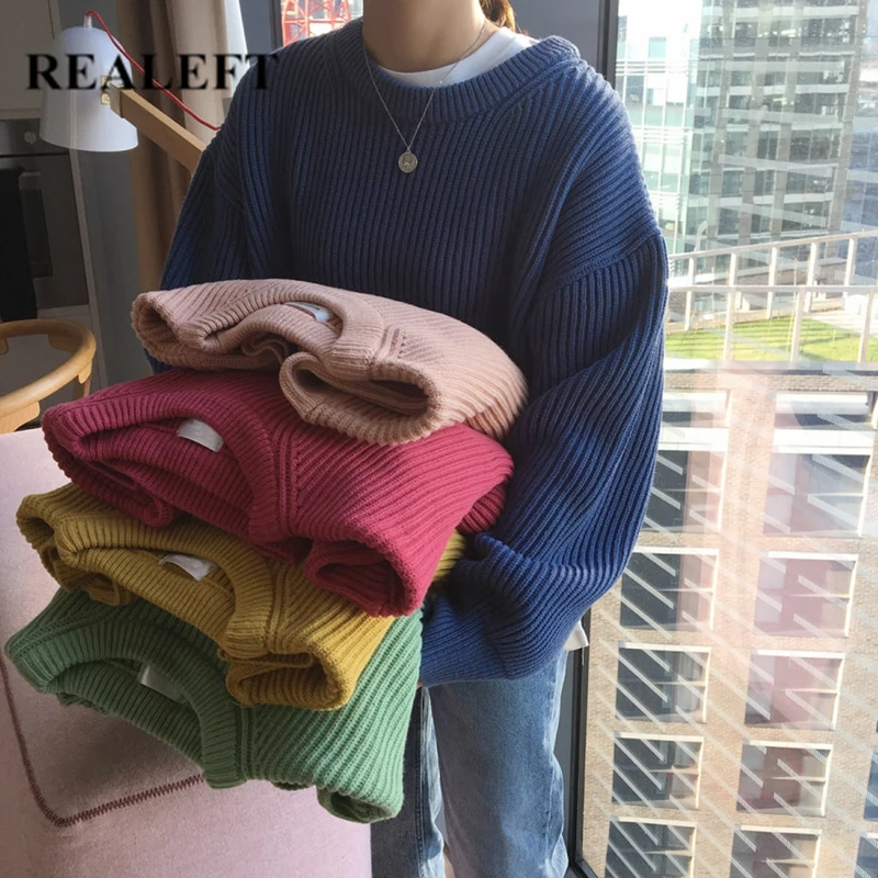 

REALEFT Autumn Winter Simple Long Sleeve Loose O-Neck Women's Sweaters Pullover Korean Style Minimalist Knitting Sweater Casual Tops Female 2019 New Arrival Blue
