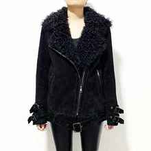 Rf2051 Женская куртка из натуральной кожи с натуральным мехом ягненка, пальто Авиатор, модное зимнее замшевое пальто с поясом
