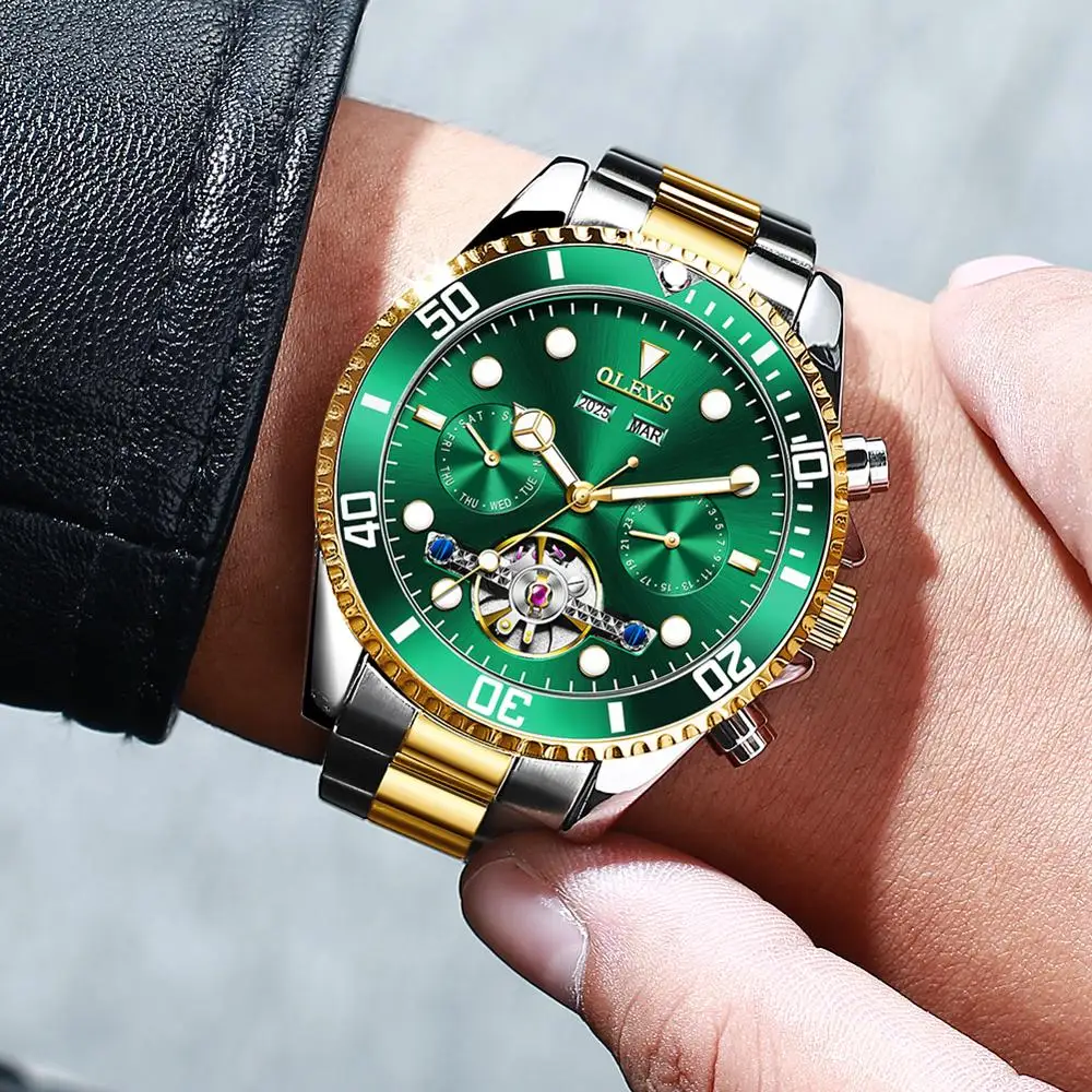 Original OLEVS Luxury Men Watch Automatic Mechanical Brand Fashion Waterproof Sports Stainless Steel Brand Wristwatch Box
