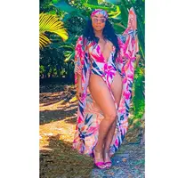 Swimsuit And Cover Up Sets 2020 Sexy Women Swimwear Beach Wear Floral Print V-Neck Bandage Bikini set+Cover Up Two Piece Set