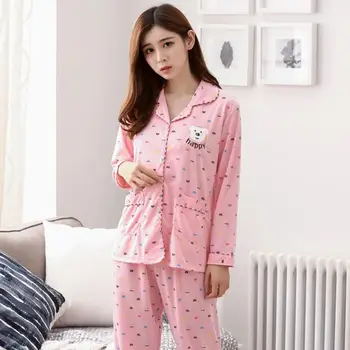 

100% Cotton Pajama Sets for Women 2020 Autumn Winter Long Sleeve Pyjama Girls Cute Cartoon Print Indoor Clothing Lounge Homewear