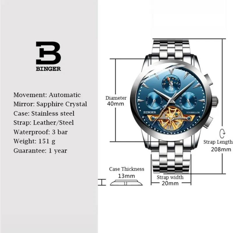BINGER деловые часы Мужские автоматические светящиеся часы мужские Tourbillon водонепроницаемые механические часы Топ бренд relogio masculino