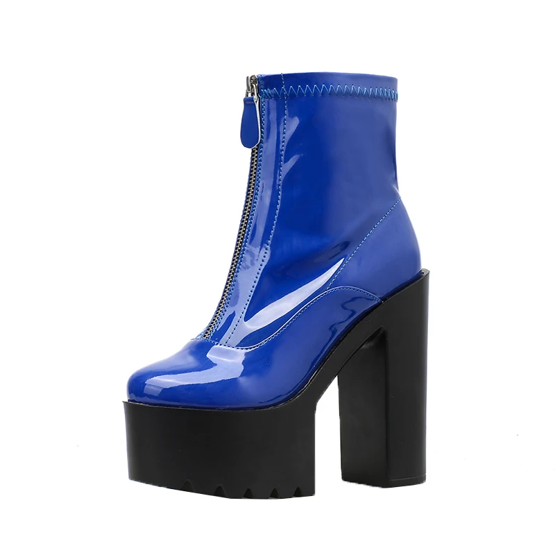 Blue Patent leather Women Motorcycle Boots 14cm Ultra high heels Platform Wedges Zip Ankle boots Autumn Winter Martin boots Shoe - Цвет: Blue