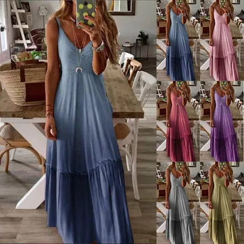 

Summer And Autumn Women Dress Loose-Fit V-neck Gradient Color Spaghetti Strap Plus Size Dress 3XL 4XL 5XL Robe Longue Femme