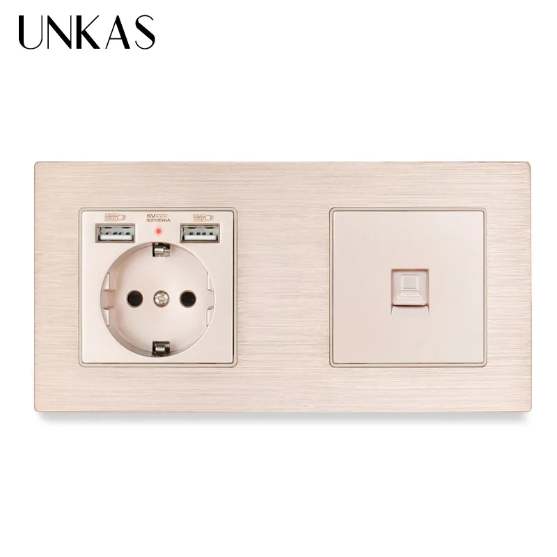 Панельная розетка UNKAS европейского стандарта с двойным USB разъемом + 1 коннектор