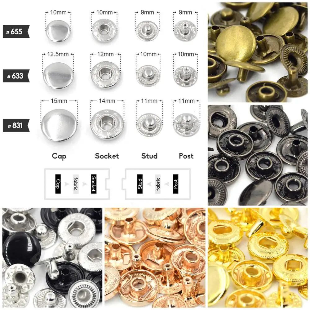 Kalaso #655 #633 #831 50sets 10mm 12.5mm 15mm Metal Press Studs Sewing Snap Button Fasteners Leather Craft Diy Supplies 4