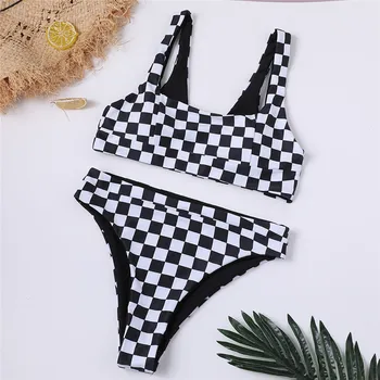 

2020 New Sexy Women Bikini Set Black Plaid Print Bathing Suits Swimwear High Waist Push Up Swimsuits Beachwear Biquini