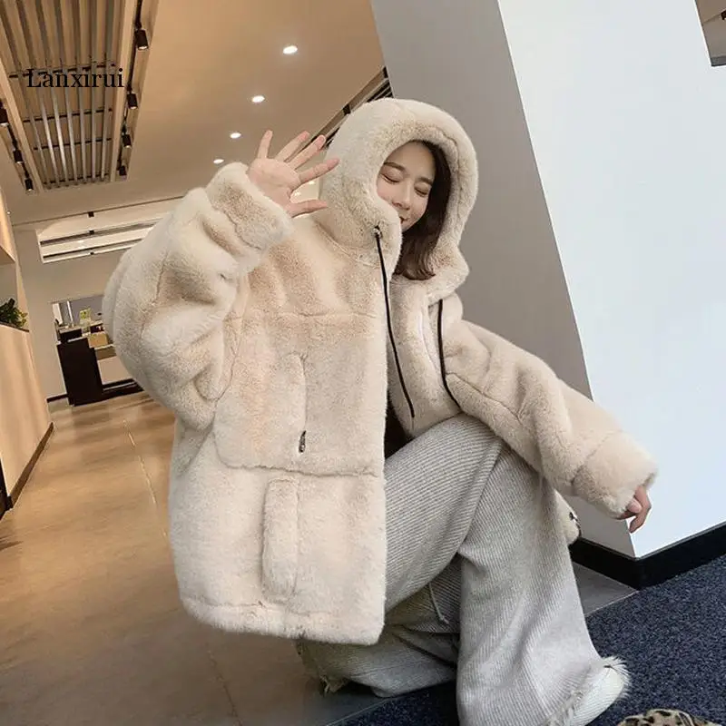 Women Faux Fur Hoodie Environmental Protection Thicken Imitation Rabbit  Wool Fur Coat Female Winter Clothes Woman Warm Jacket
