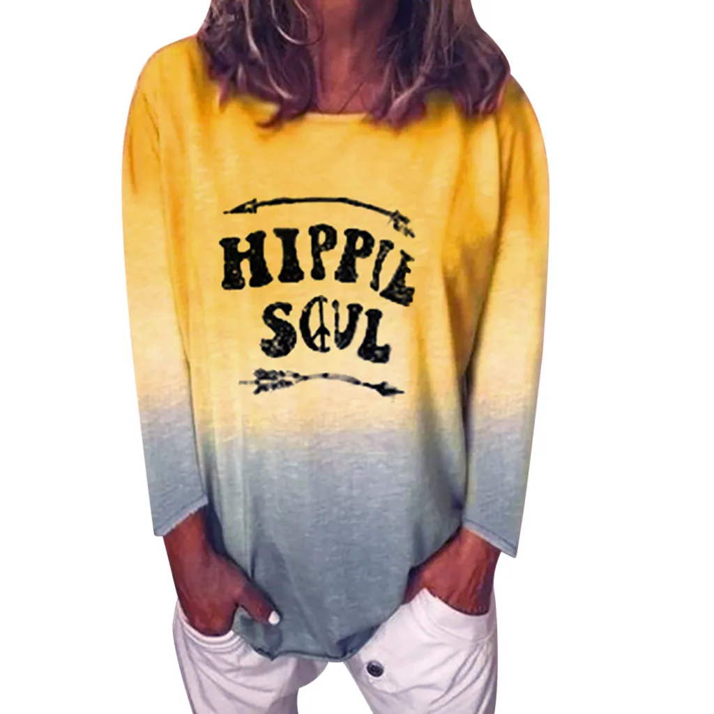 

SAGACE Women's Casual Gradient Color Hippie Soul Long Sleeve T-Shirt Tunic Top Fashion Polyester Casual Female T-shirts August 4