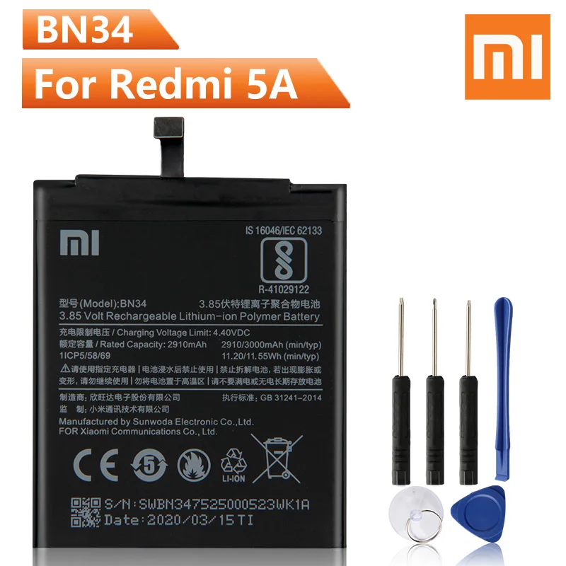 Оригинальный сменный аккумулятор для телефона Xiao Mi BN34 Xiaomi Red mi 5A Redrice Подлинная
