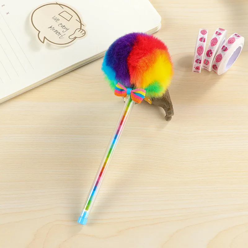 1 pz creativo arcobaleno colore pelliccia peluche a forma di palla penna Gel studente carino apprendimento articoli di cancelleria premi per studenti regalo per bambini