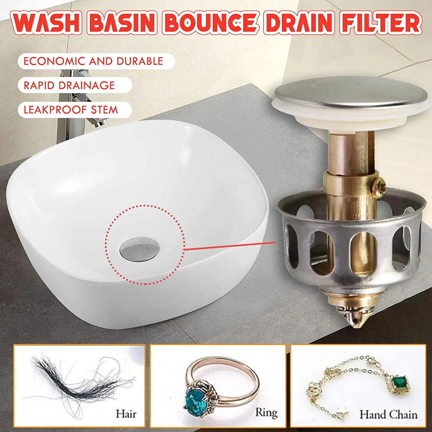 Universal Wash Basin Bounce Drain Filter Pop Up Bathroom Toilet Sink Drain Plug