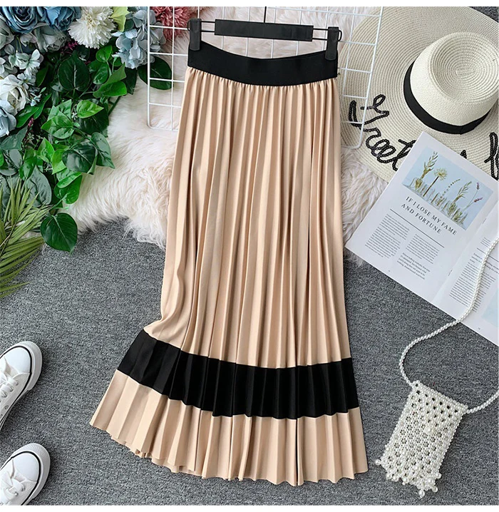 TIGENA Beautiful Patchwork Pleated Skirt Women Fashion Autumn Winter Korean High Waist Long Maxi Skirt Female Black Yellow