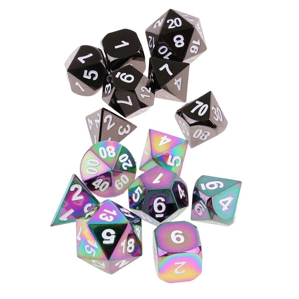 

14Pcs Black&Rainbow Alloy Dice Polyhedral Dies D4-D20 for Party D&D MTG Toys