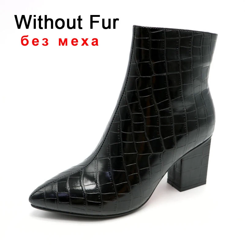 Taoffen/женские ботильоны; пикантная зимняя обувь из змеиной кожи с принтом; женские модные теплые Полуботинки на молнии; женская обувь; размеры 34-42 - Цвет: black cloth