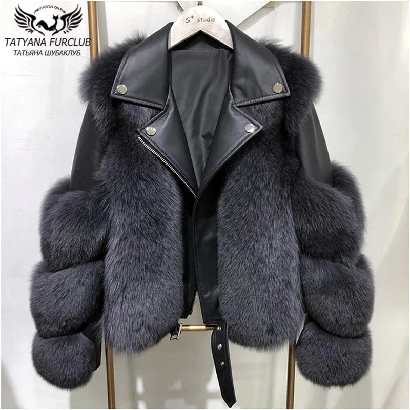 Beige Real Fox Fur Jacket With Lamb Leather .genuine Fox Fur