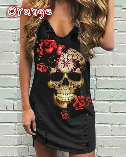 Skull Print Women Sleeveless Shirt Dress Summer Gothic Style Ladies Casual V Neck Loose Short Mini