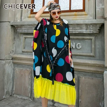 

CHICEVER Casual Dot Patchwork Hit Color Dress Female O Neck Short Sleeve Oversize Loose Midi Dresses Women 2020 Fashion New