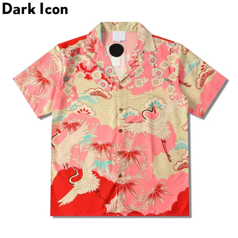 Dark Icon Crane Hawaiian Shirt Men Summer Short Sleeved Polo Shirts Vintage Street Shirts for Man