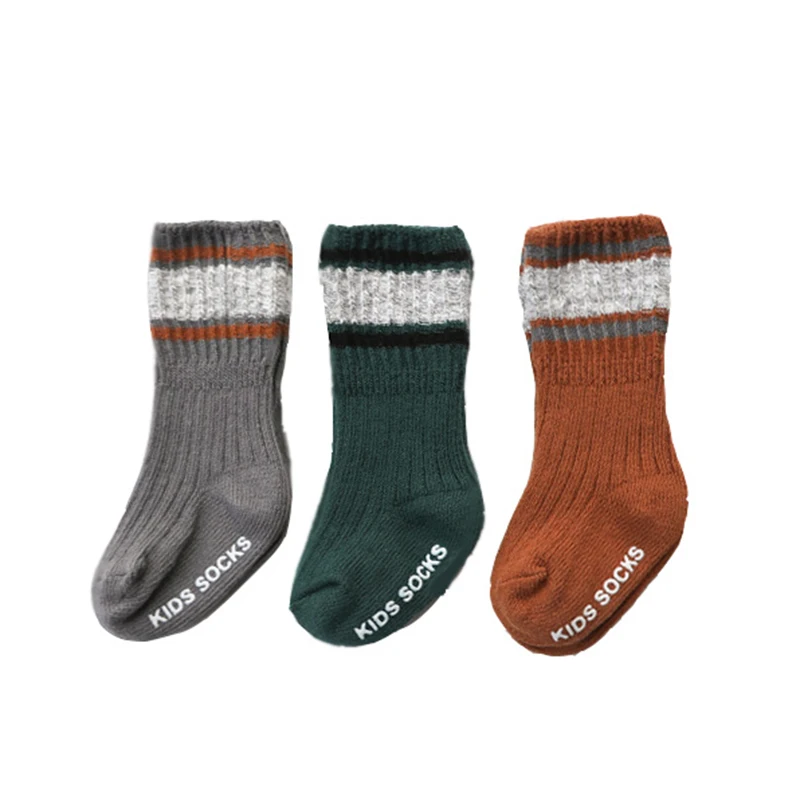Gray Green Brown 3 пар/компл. Носки Детские теплые высокие носки для маленьких мальчиков зимние носки из хлопка для детей ясельного возраста, полосатые носки для 1/3/5/8 лет - Цвет: Gray Green Brown