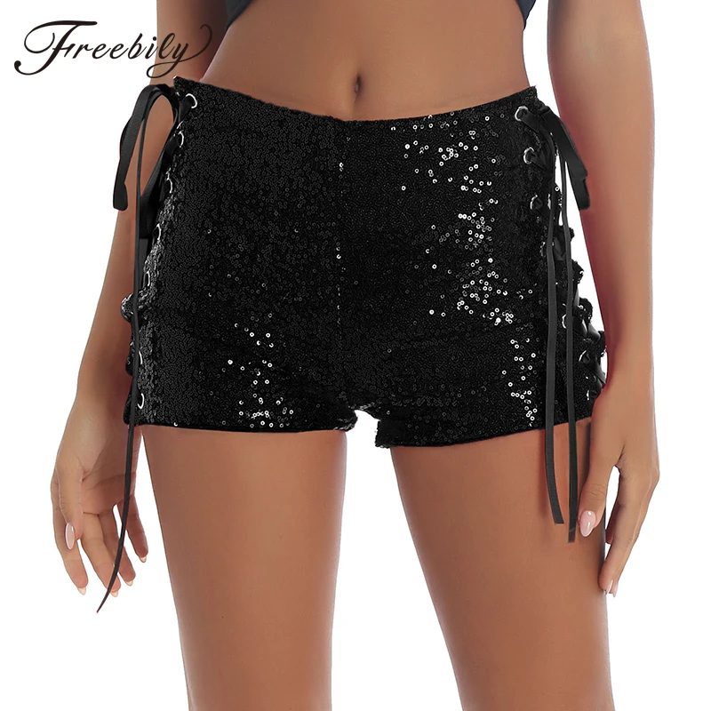 WomenPoleDanceSequinsShortsSideLaceupGlitterHighWaistShorts
