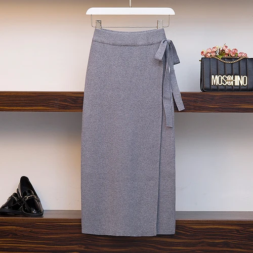 Fp3530, новинка, Осень-зима, женская модная повседневная сексуальная юбка, kawaii, плюс размер, юбка большого размера, вязаная, шерстяная, тёплая, harajuku - Цвет: Серый