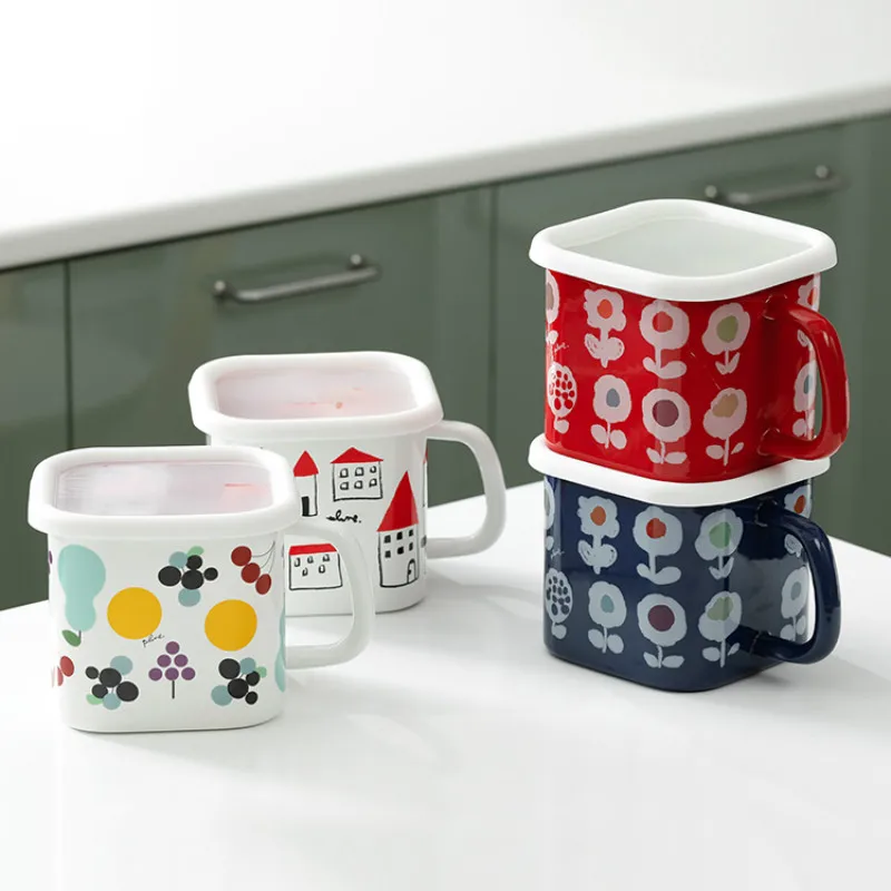 

Japan Enamel Large Square Cup with Lid Student Dormitory Instant Noodles Pot Household with Lid Storage Box Storage Enamel Tank