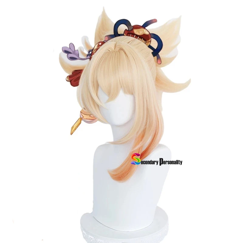 

2021 New Yoimiya Cosplay Wig Game Genshin Impact Yoimiya Blond Orange Ponytail Fake Hair Halloween Party Role Play Wigs