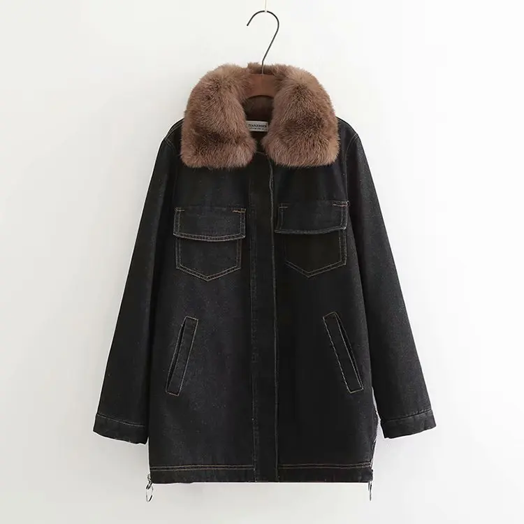 Autumn And Winter New Style Western Style Large Fur Collar Cowboy Loose-Fit Cotton-padded Clothes Female Jeans Coat G95