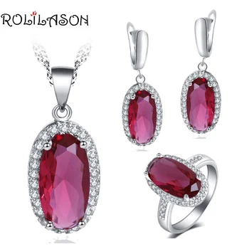

ROLILASON Australian zircon for women Red zircon special designs Silver Earrings Necklace Rings Jewelry Sets JS763