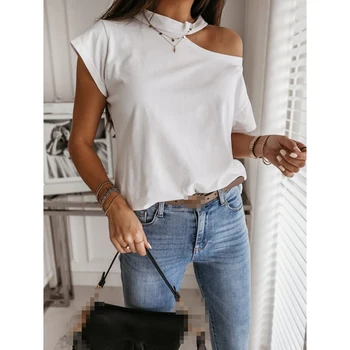 

Plus Size Summer Casual Tshirt Women Slim Short Sleeve Halter Solid White Tops Korean Ladies Open Shoulder T Shirts Sexy SJ5830X