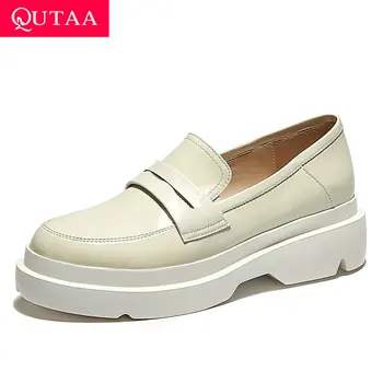 

QUTAA 2020 Square Heel Slip on Single Shoes Spring Autumn Round Toe Ladies Pumps Cow Leather Platform Women Shoes Size 34-39