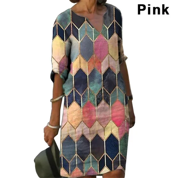 Women Casual Geometrical Print Dress Vintage Printed V-neck Knee Length Straight Dresses Summer Short Sleeve Dresses Plus Size bridesmaid dresses