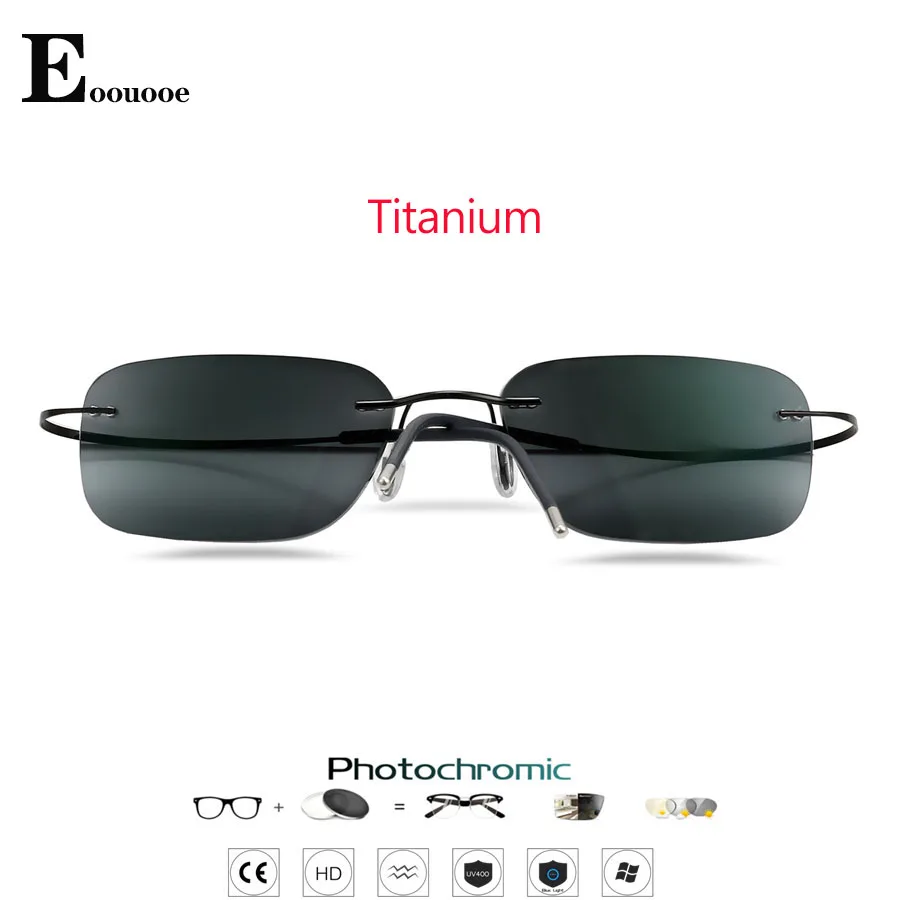 B Titanium Rimless Reading Glasses Photochromic Gray Sunglasses Men's Women Outdoor Hyperopia Eyewear 1.0 1.25 1.5 1.75 Lenses 5