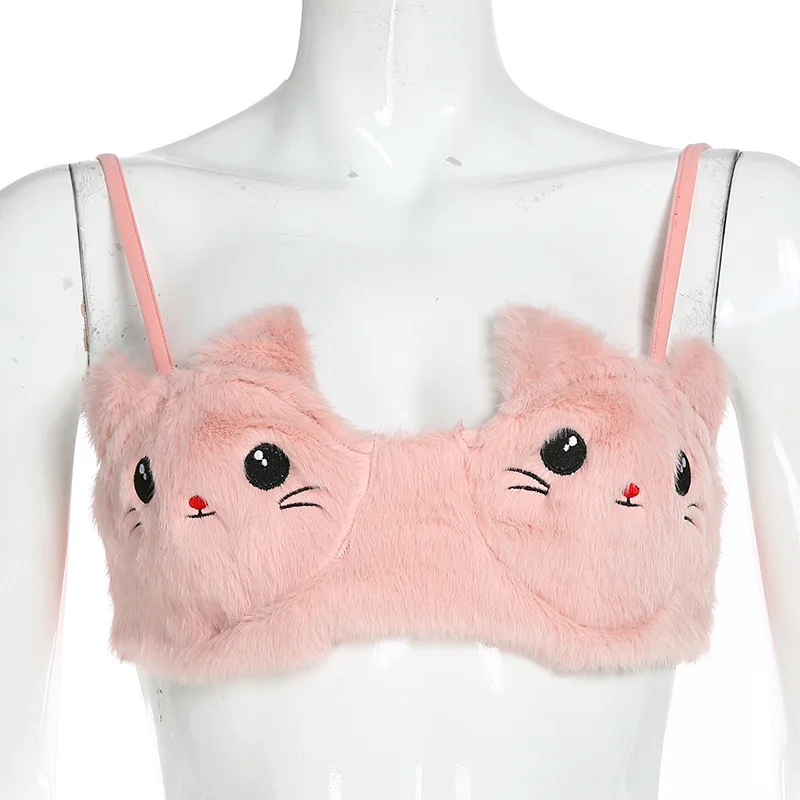 Faux Fur Pink Bra Crop Top Women 3D Cat Embroidery Cute Bra Push Up Bralette Blogger Underwear