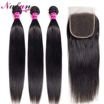 

NAFUN Straight Hair Bundles With Closure Human Hair Bundles Peruvian Hair Wave Bundles With Closure Non-Remy Hair Extension