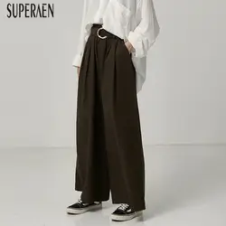 SuperAen повседневные длинные брюки женские 2019 новые осенние Хлопковые женские брюки с высокой талией с эластичной талией широкие брюки