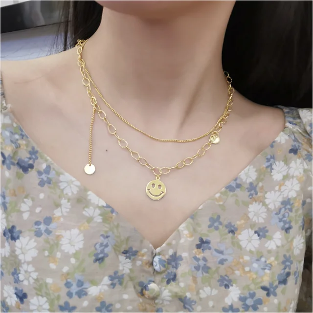 316L Stainless Steel New Fashion Upscale Jewelry 2 Layer Happy Smiling  Charms Thick Chain Choker Necklaces