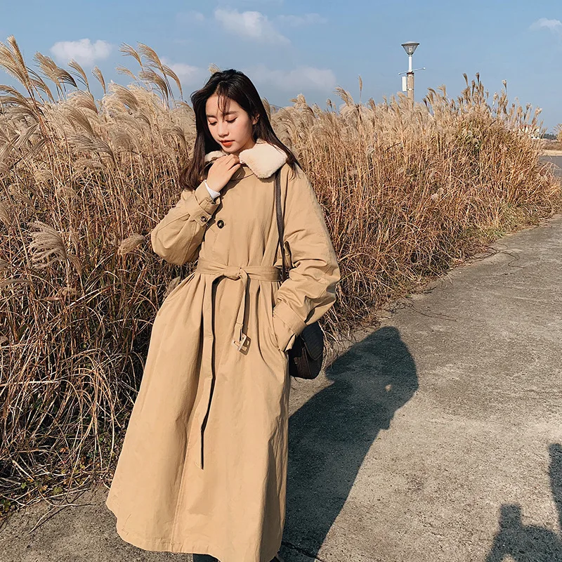 New Style South Korea CHIC Loose-Fit Waist Hugging Thick Quilted Mid-length Trench Coat Padded Coat Cotton Coat Women's Win