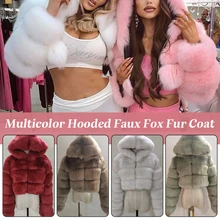 

Luxury Women Winter Thick Warm Fur Coats Fashion Faux Fox Fur Coat Elegant Chic Short Hooded Fluffy Tops Fake Fur Jacket