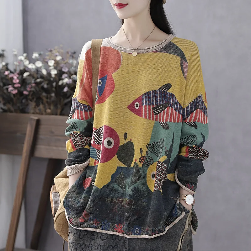 Женский свитер с цветочным принтом Johnature свободный большого размера в стиле