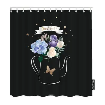 

Floral Bathroom Curtains Bouquet of Flower Leaves in Teapot with Butterfly Heart Good Luck Word Shower Curtain Set Home