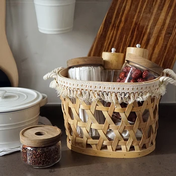 

SWEETGO Kitchen Storage baskets Beige tassels Rattan frame for dry fruit Ingredients Nordic style home bathroom decoration