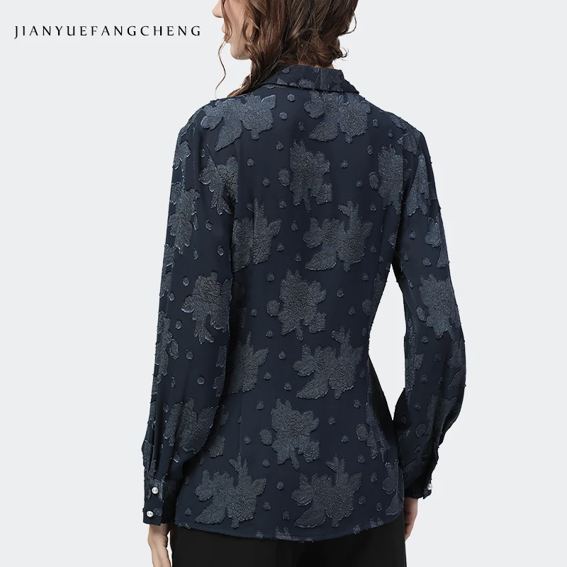 Fashion Blue Embossed Women' Shirt Long Sleeve